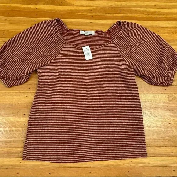 Loft red/white stripe puff short sleeve top - Picture 1 of 4